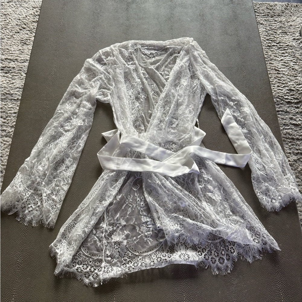 Delicate Sheer Lace Robe in White with Bodysuit